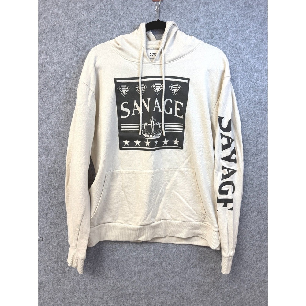 Seven Souls New York Savage Graphic Hoodie Cream Mens XL Diamonds Crown Stars‎